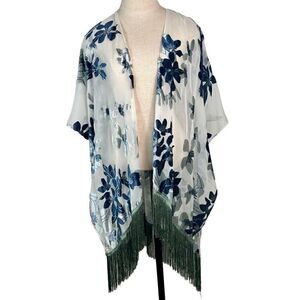 Marcus Adler Womens Burnout Velvet Blue Floral Chiffon Kimono Cardigan w Fringe